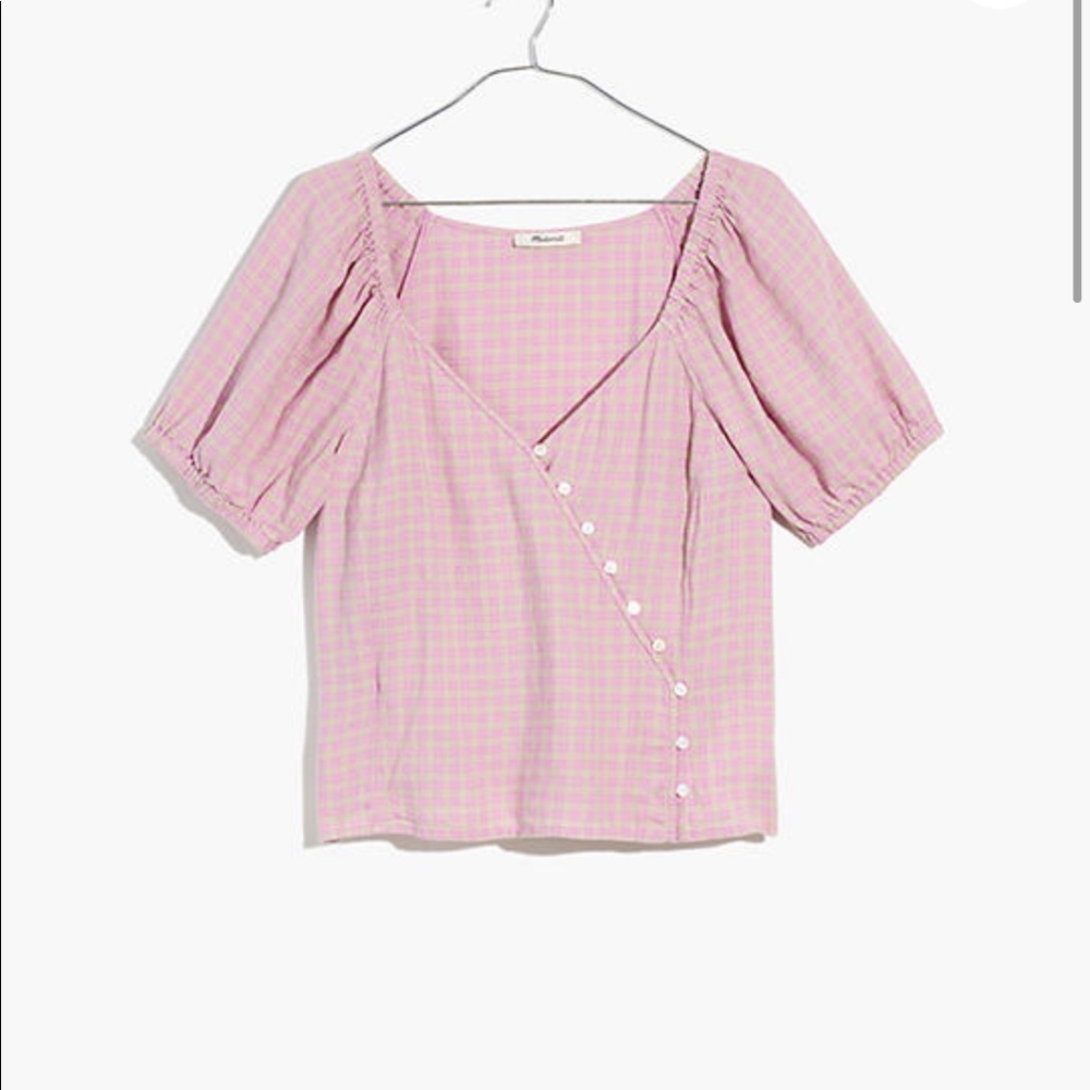Madewell linen blend puff sleeve button wrap top in plaid.